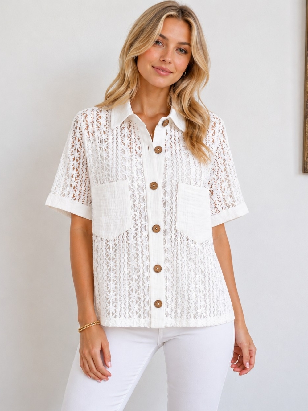 White Crochet Knit Button Front Shirt XL Lightweight